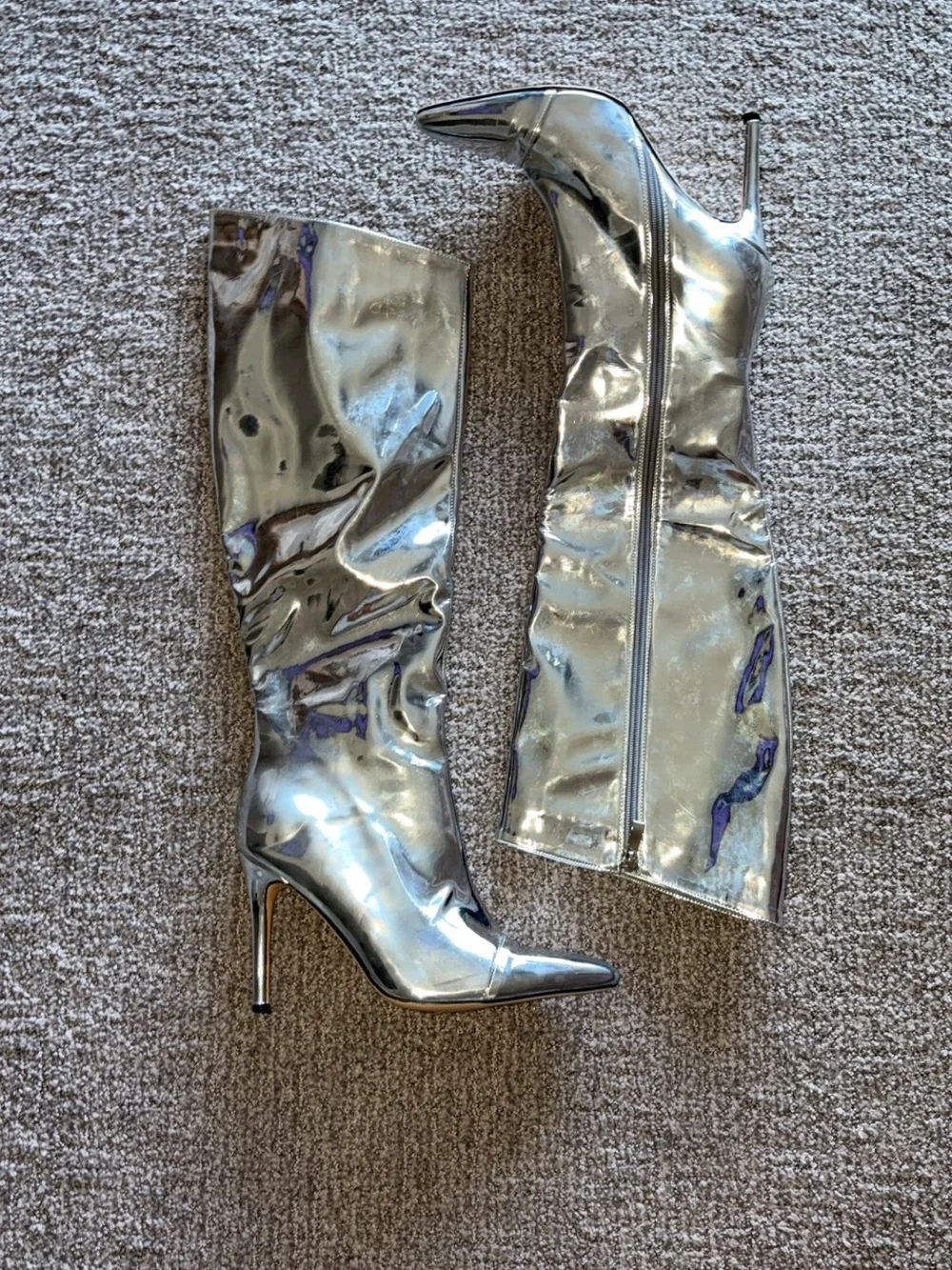 Amazon Silver Over-the-Knee Stiletto Boots - Pointed Toe